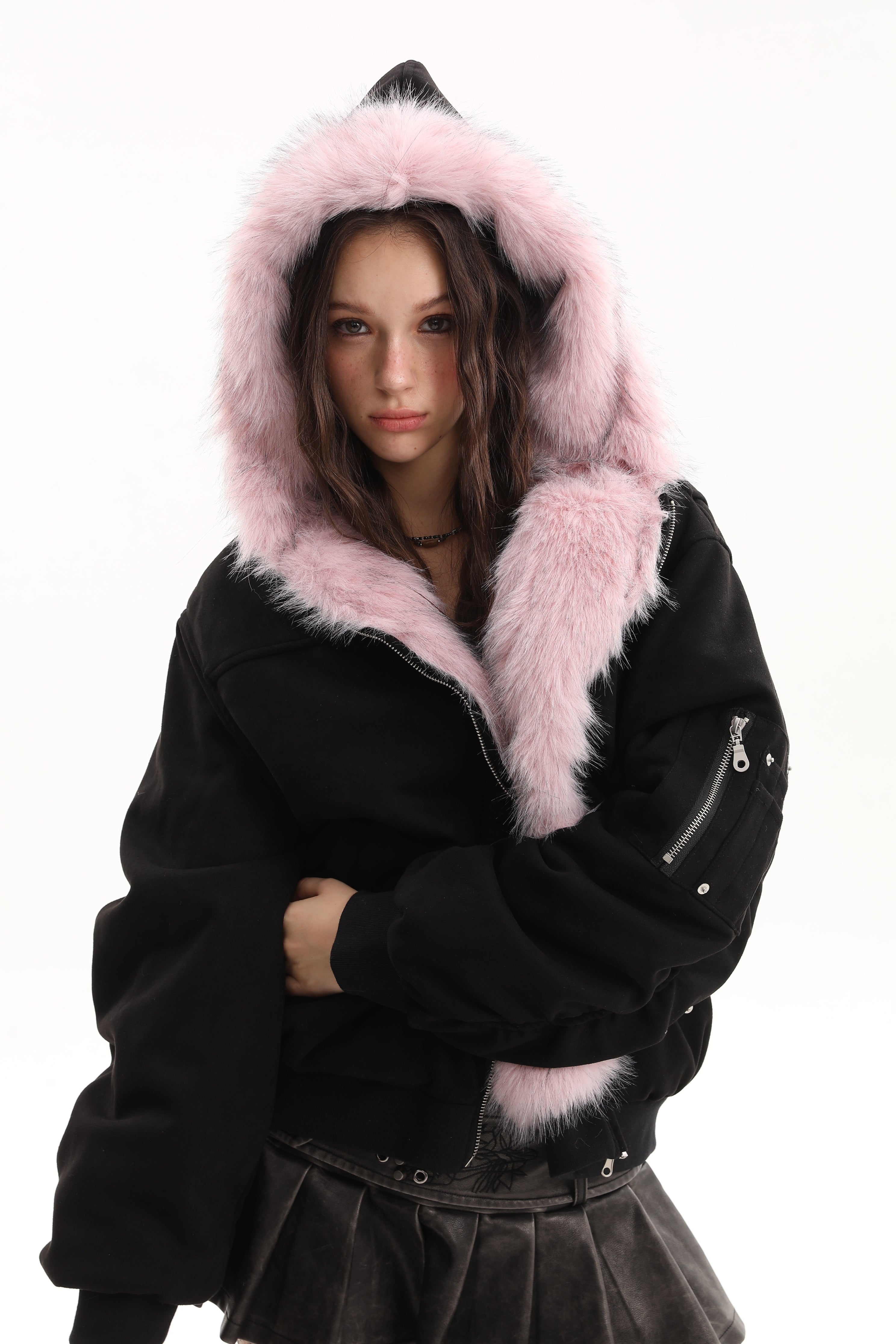 Reversible Faux Fur & Suede Hooded Bomber Jacket