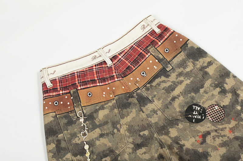 Waistband close-up of camo patchwork wide-leg jeans with plaid and brown panel details
