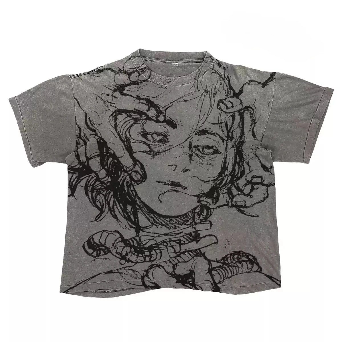 Oversized Acid Washed Anime-Sketch-Girl Grafik-T-Shirt Grunge Streetwear