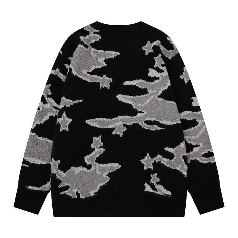 Black camouflage knit sweater shown from the back with gray and white pattern