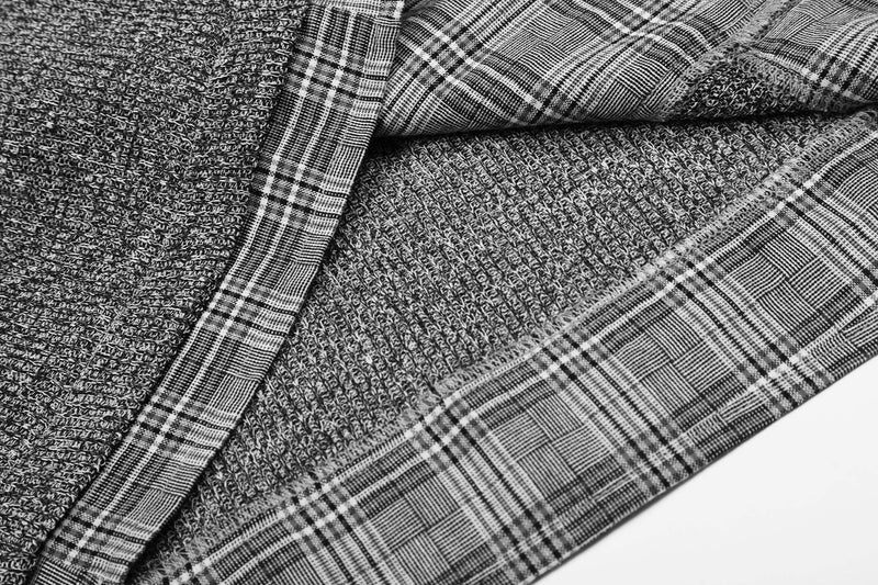 Layered black and white knit check shirt fabric with textured panels and plaid trim detailing