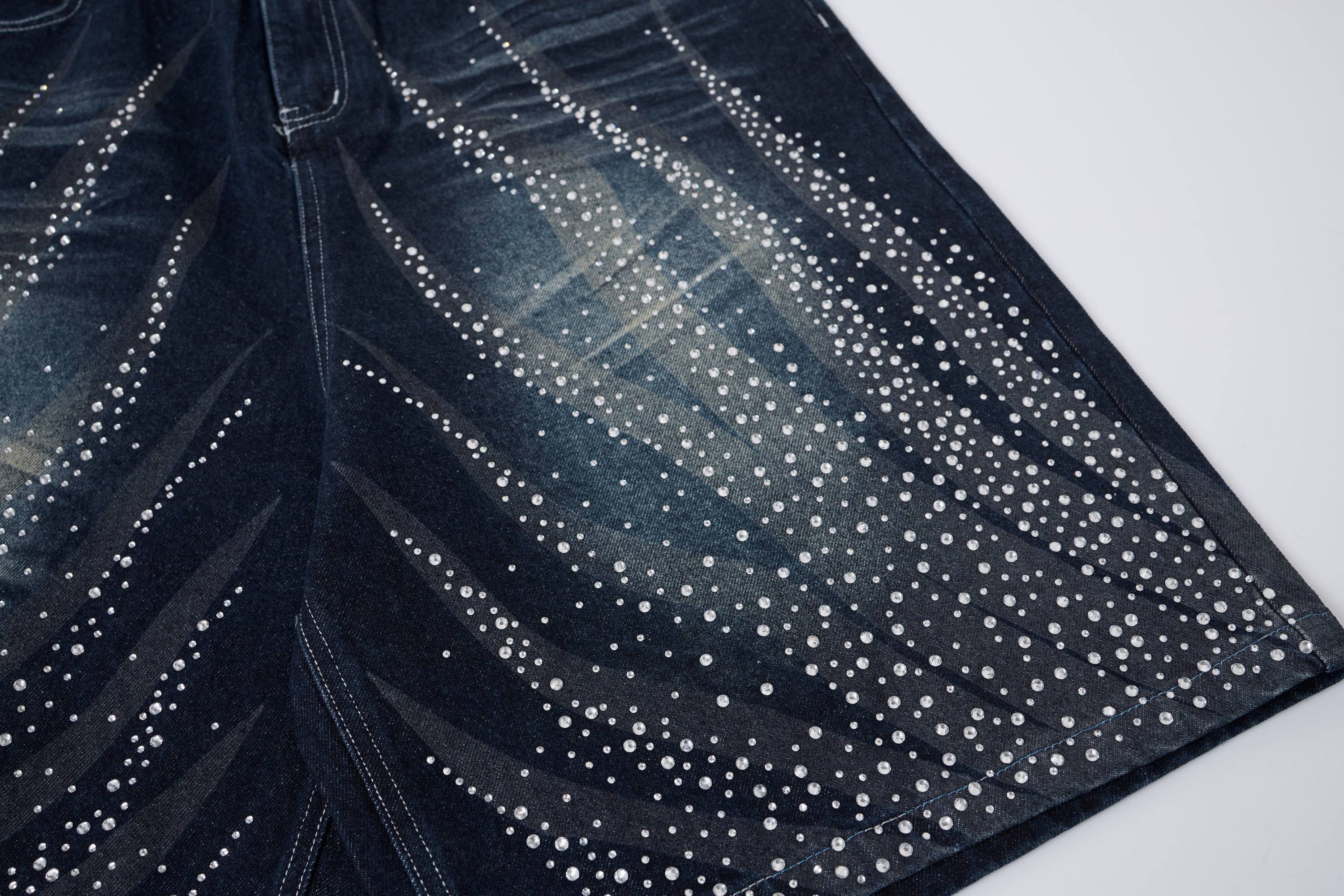 Omirad Rhinestone Denim Shorts | Gradient Wash Loose Fit