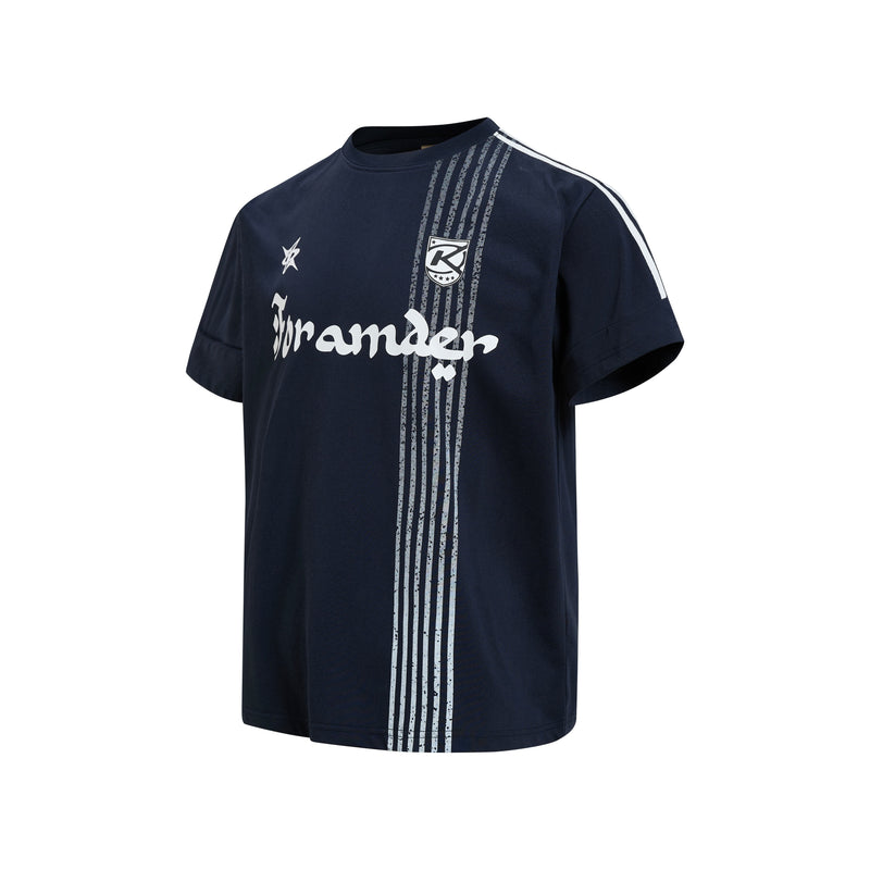 Navy sport tee with white stripe graphic and faded logo print on the chest and shoulder
