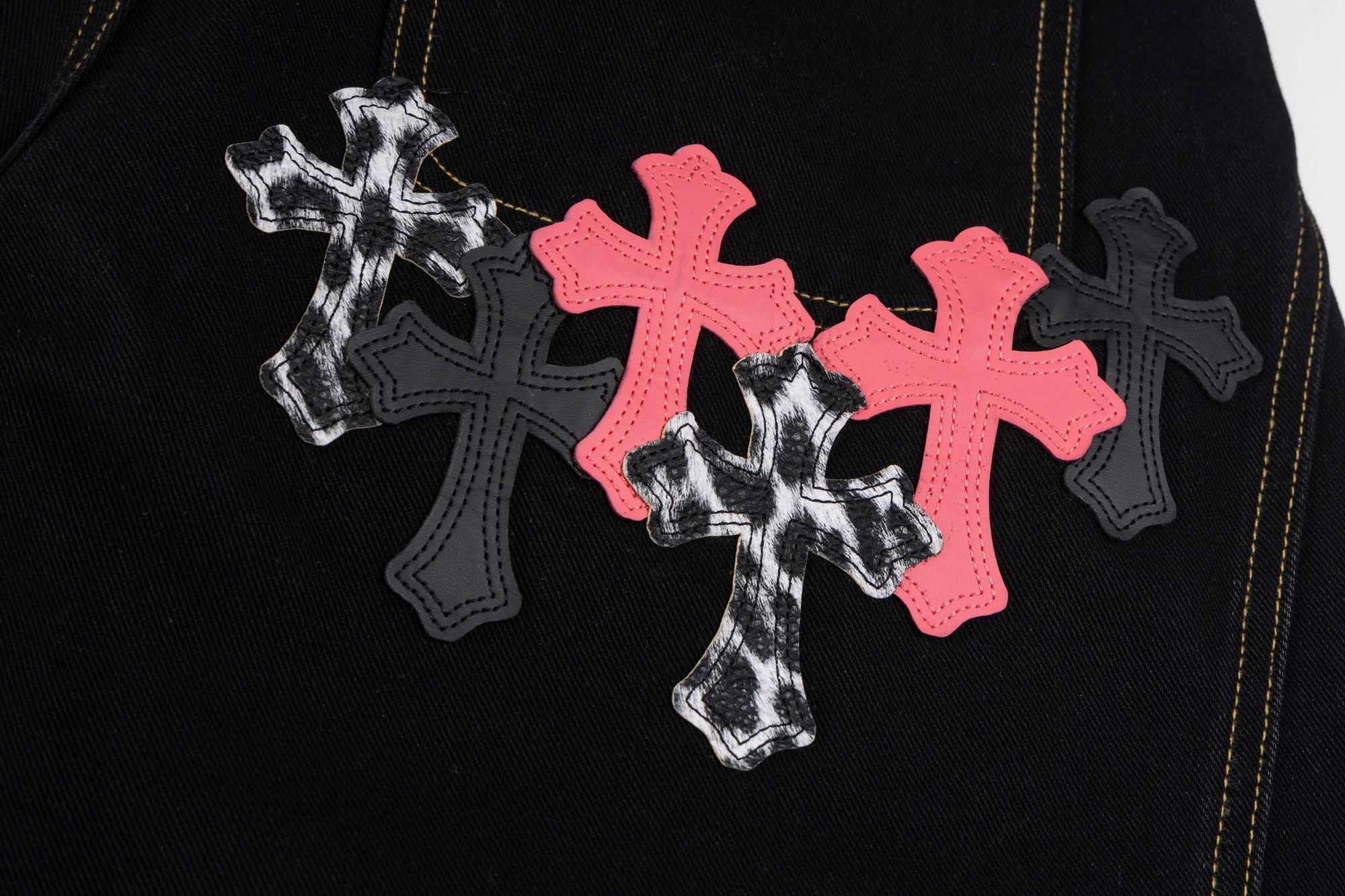 Gothic Cross Wide-Leg Jeans | Black Denim with Cross Patches