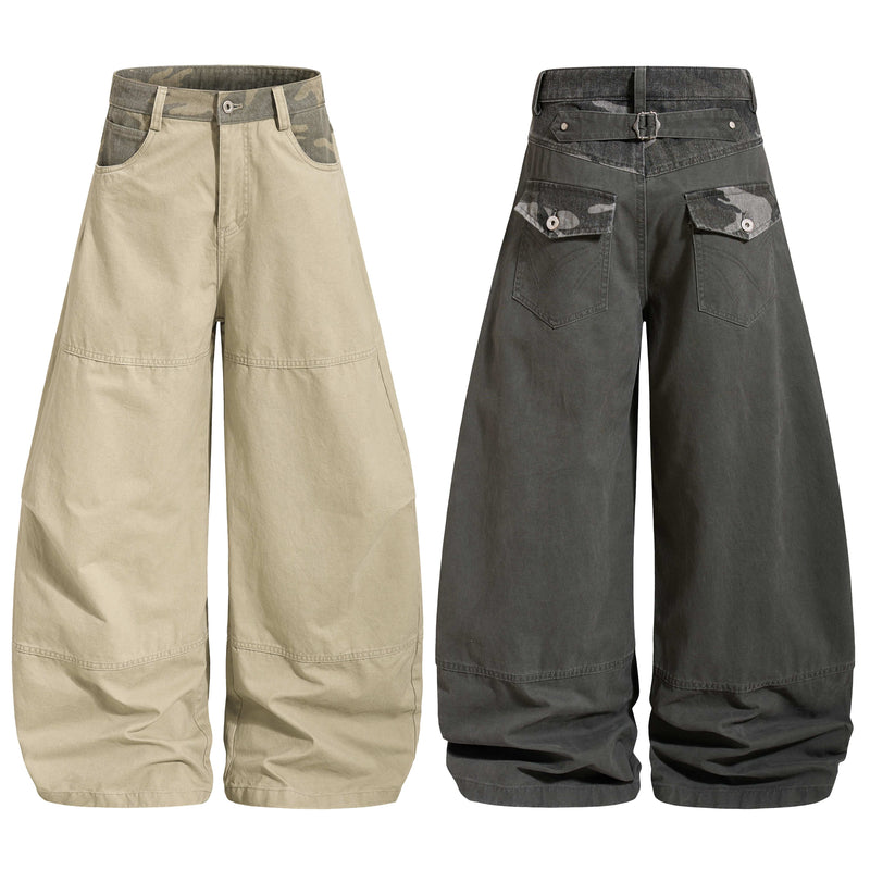 Beige and black camo contrast wide-leg pants with front and back views
