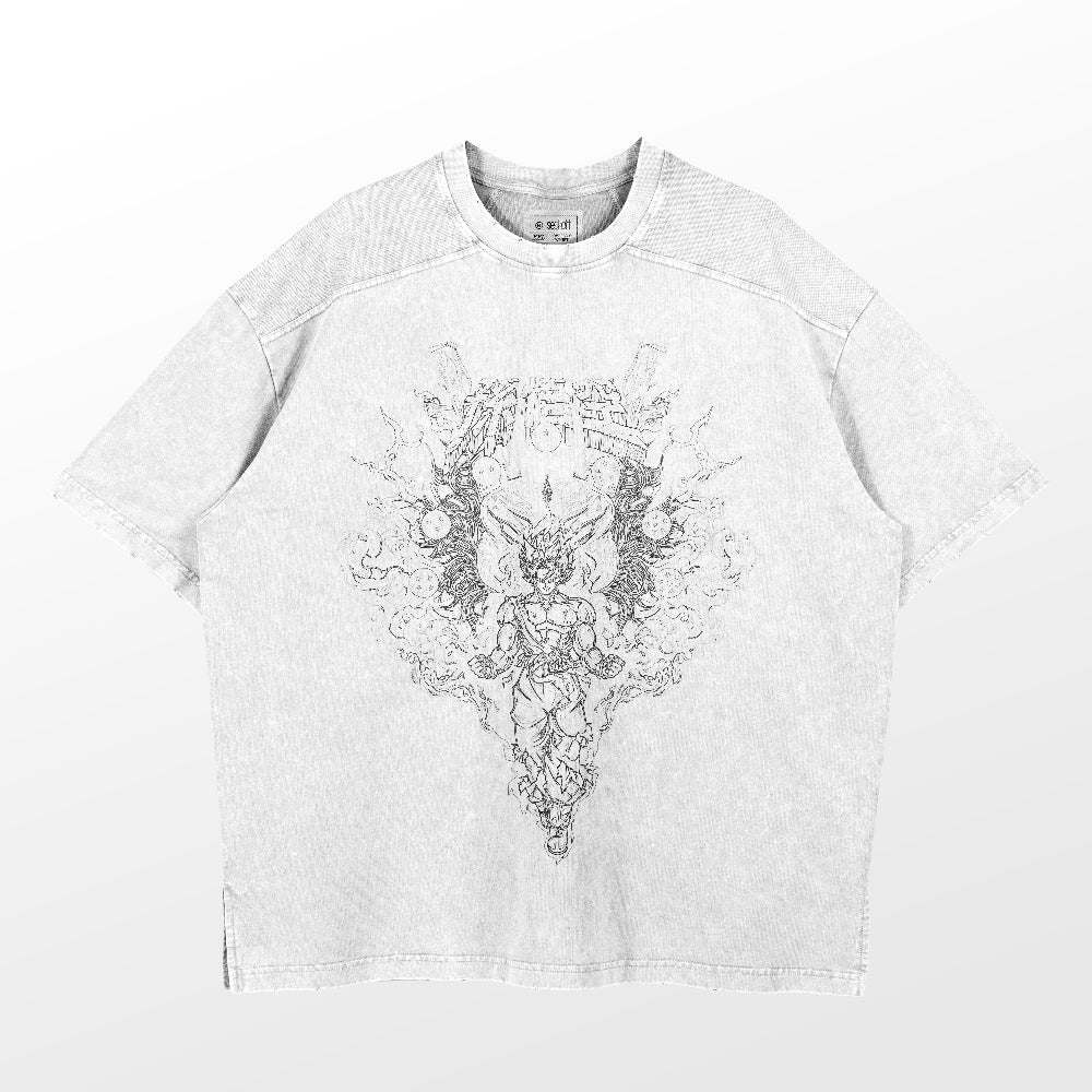 Dragon Ball's Dragon-Inspired Washed Vintage T-Shirt in high-quality 260 GSM cotton features an intricate black line art design with abstract, symmetrical patterns. This anime streetwear piece embodies retro style with its round neck and short sleeves against a light gray background.