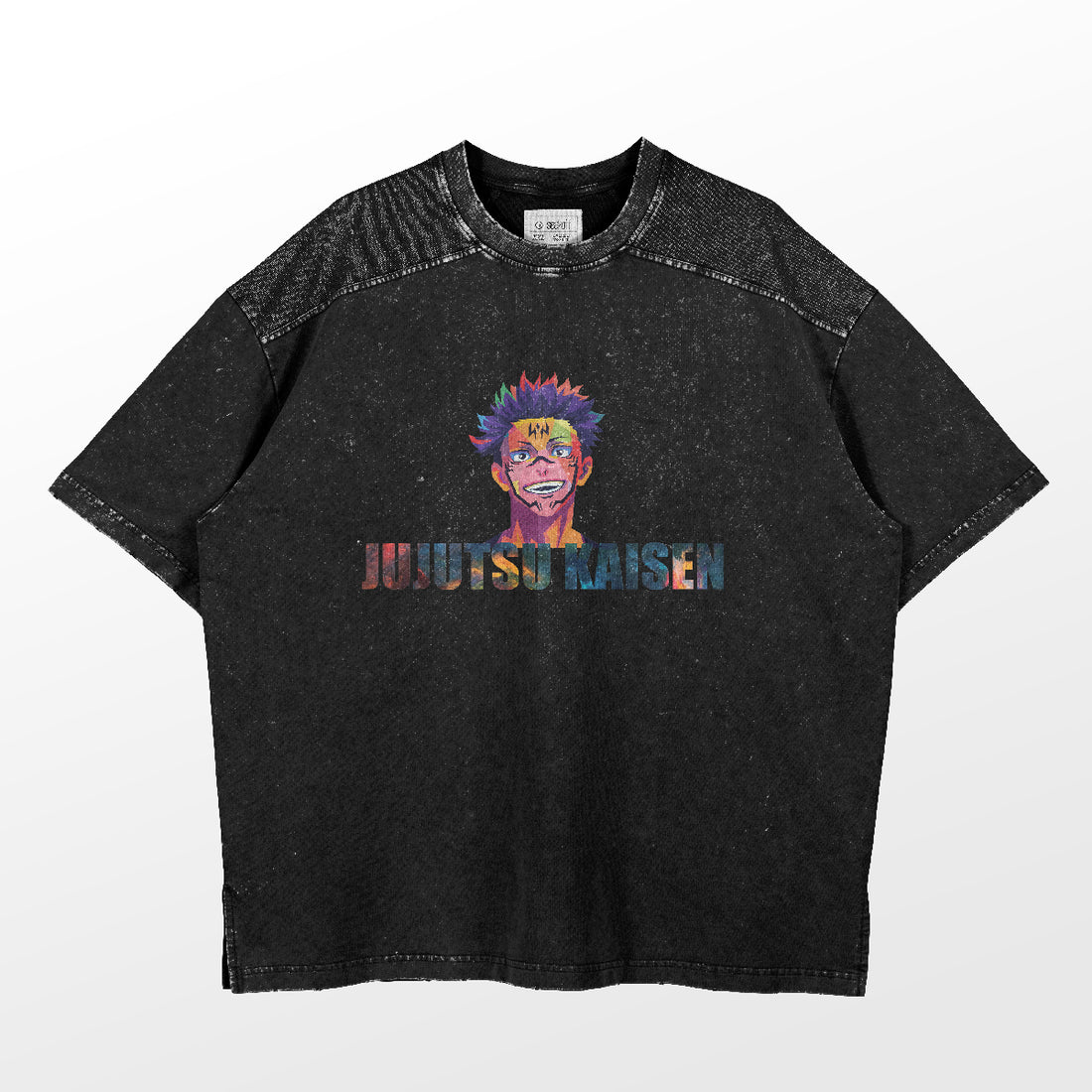 This premium black "Vibrant Sukuna Jujutsu Kaisen T-Shirt" by Jujutsu Kaisen features vivid anime text and a spiky-haired character with tattoos. Its faded, distressed sleeve and shoulder pattern add a unique touch to this stylish merch.