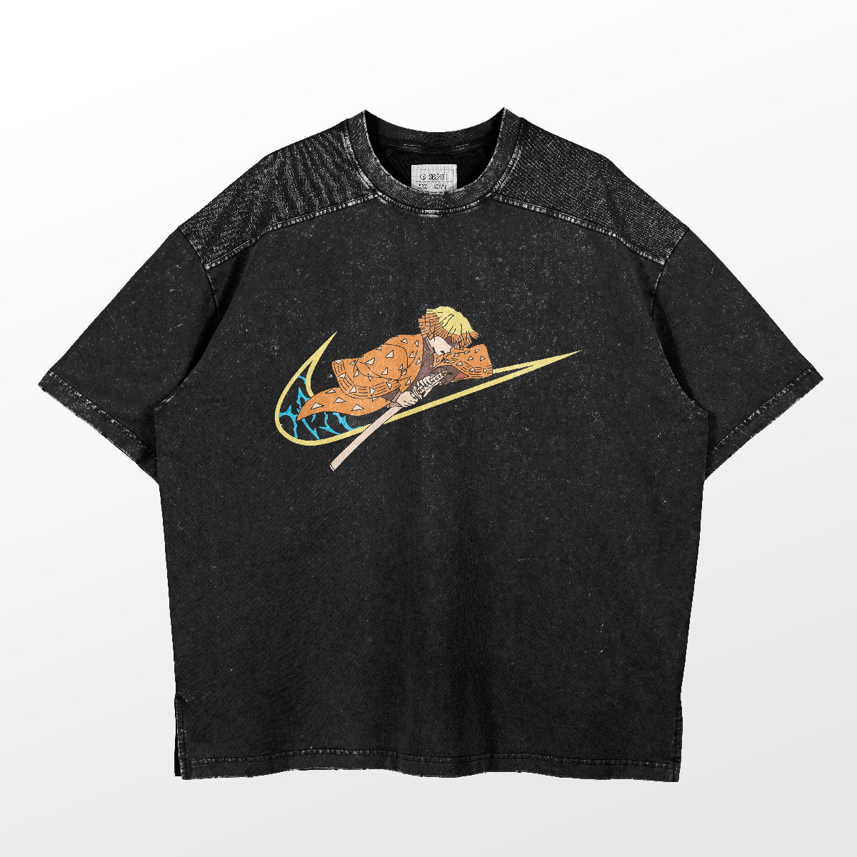 The Zenitsu Agatsuma Lightning Speed T-Shirt from Demon Slayer is a black speckled tee depicting Zenitsu holding a staff and wearing a patterned outfit, with textured sleeves and upper section, embodying the electrifying energy of the anime character.