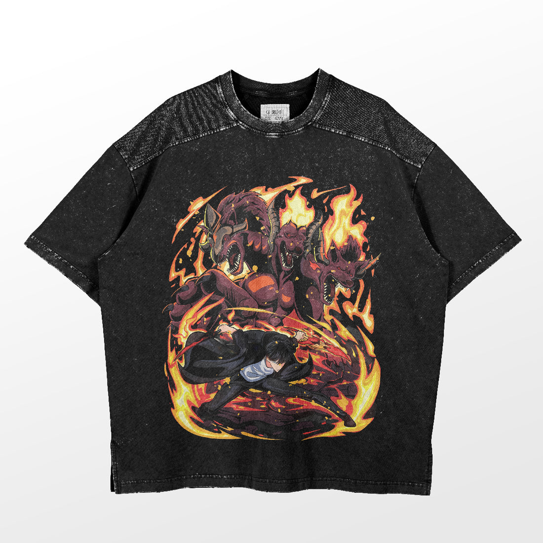 A washed black oversized T-shirt from Solo Leveling showcases Sung Jinwoo in a dynamic pose with fiery Shadow Beasts, capturing the thrilling universe in a speckled background.