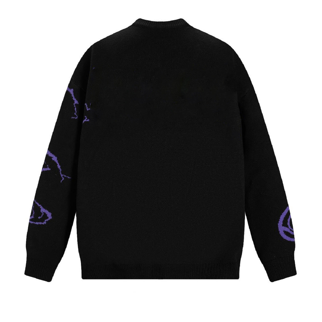 This black sweater, the Premium Jujutsu Kaisen-Inspired Knit by Jujutsu Kaisen, showcases a Satoru Gojo Infinite Void Jacquard Design with purple abstract sleeve patterns. It features a crew neck, relaxed fit, and displays the back view.