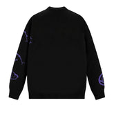 This black sweater, the Premium Jujutsu Kaisen-Inspired Knit by Jujutsu Kaisen, showcases a Satoru Gojo Infinite Void Jacquard Design with purple abstract sleeve patterns. It features a crew neck, relaxed fit, and displays the back view.