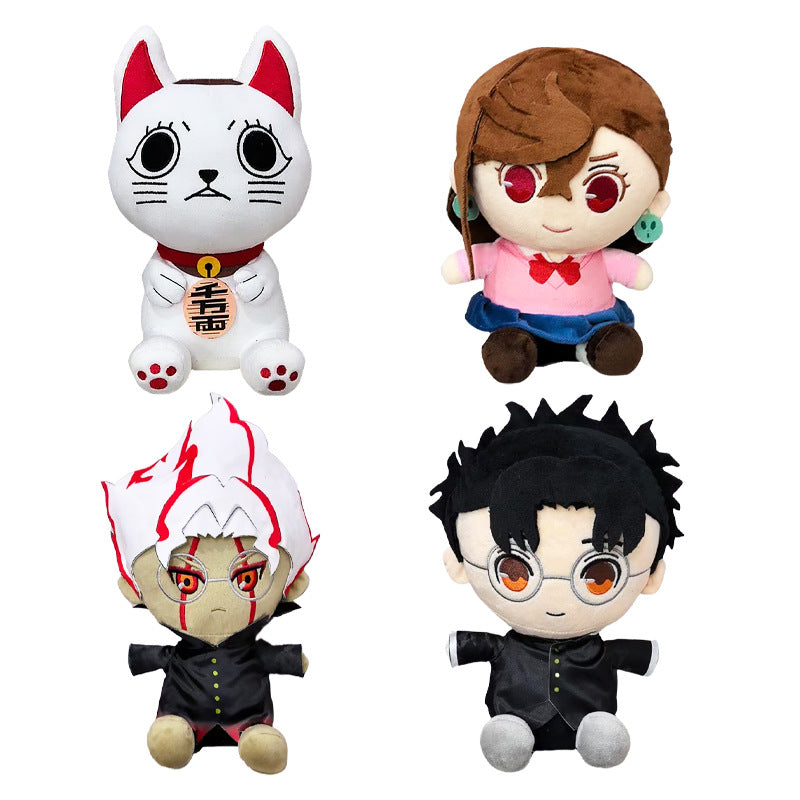 The Dandadan Anime Plush Set includes four 26cm collectibles made with high-quality PP cotton, featuring a white cat with large eyes and bell, a brown-haired girl in a pink and blue dress, an anime character with white hair and red markings, and one with black hair, glasses, and a suit.