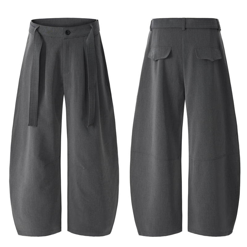 Structured Belted Barrel-Leg Pleated Pants | Omirad