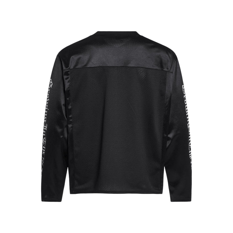 Back view of black long sleeve jersey with mesh back panel and satin shoulders