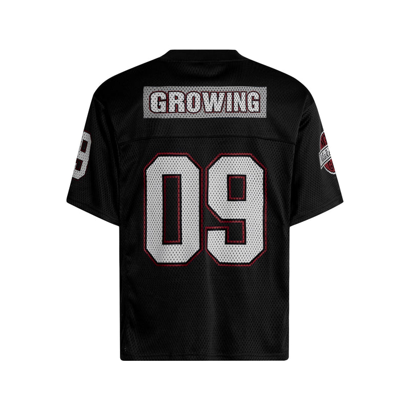 Black mesh football jersey with 09 graphic and Growing text on the back, short sleeves for streetwear style