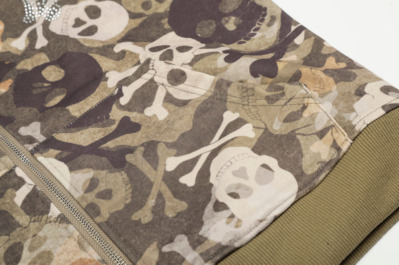 Close-up of front pocket seam and ribbed hem on camouflage jacket