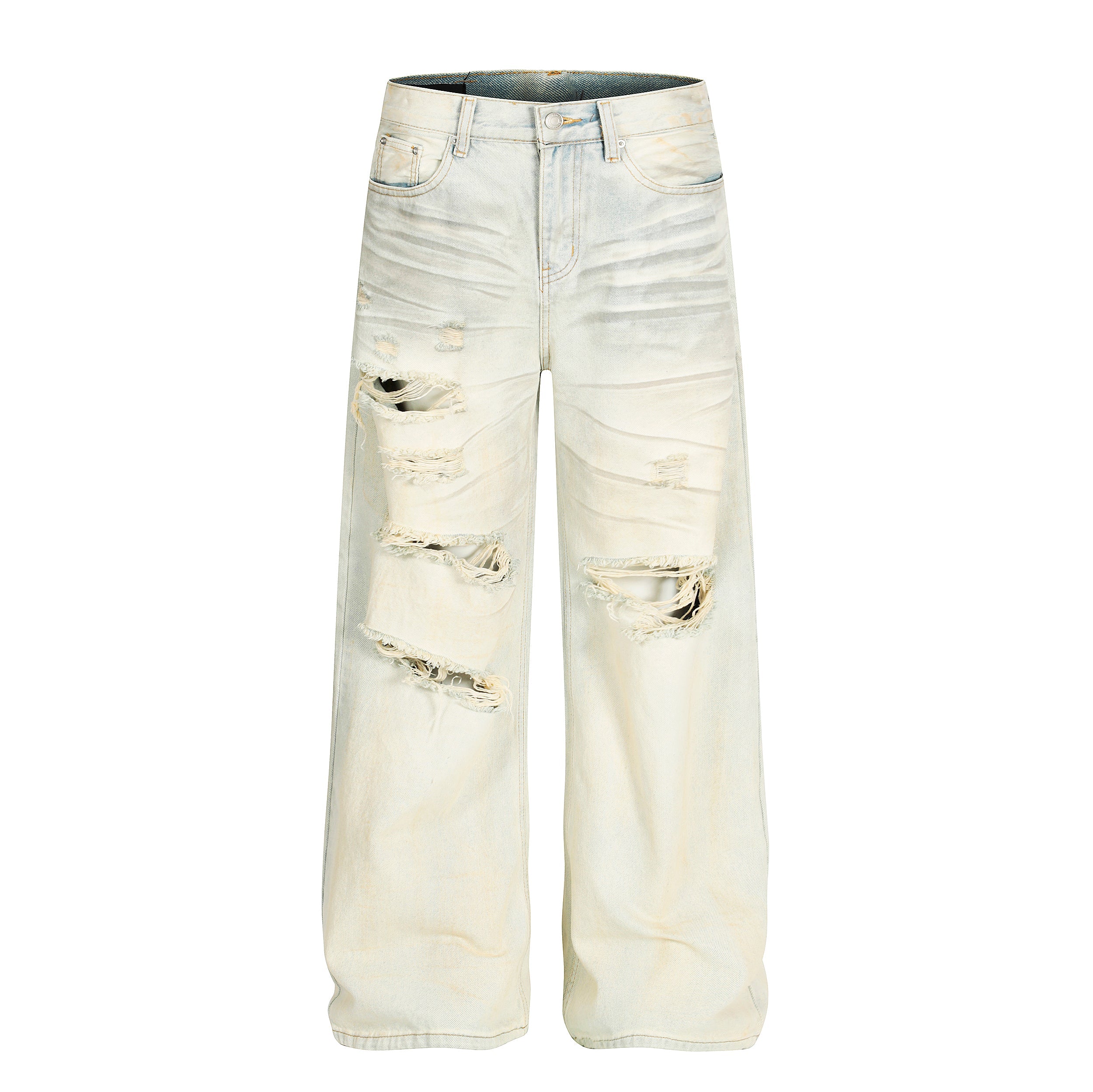 Omirad Cream Distressed Wide-Leg Jeans | Heavy Ripped Denim
