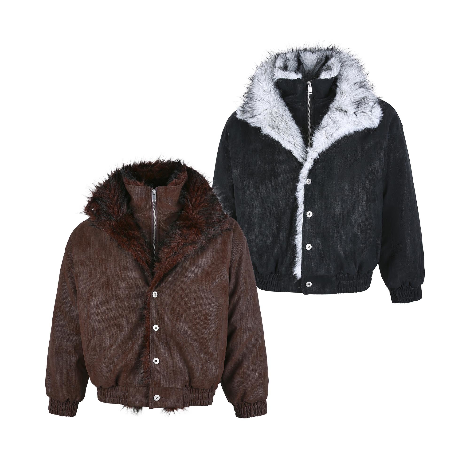 Omirad faux fur-lined corduroy bomber jacket shown in brown and black colorways with fur collar detail