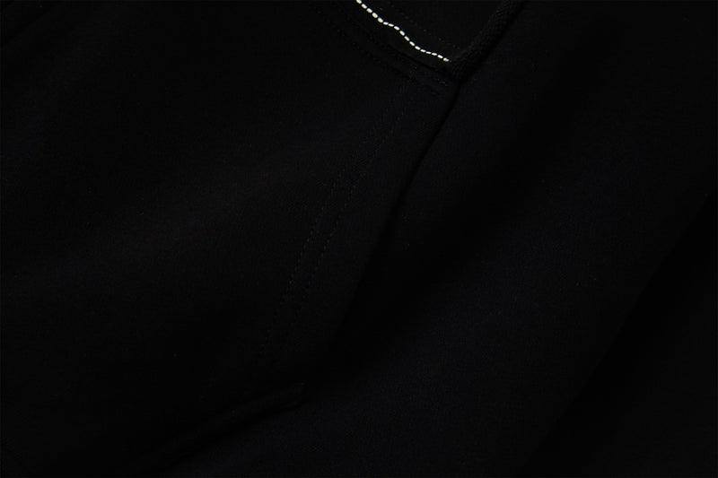 Plain black hoodie fabric close-up with visible stitching detail