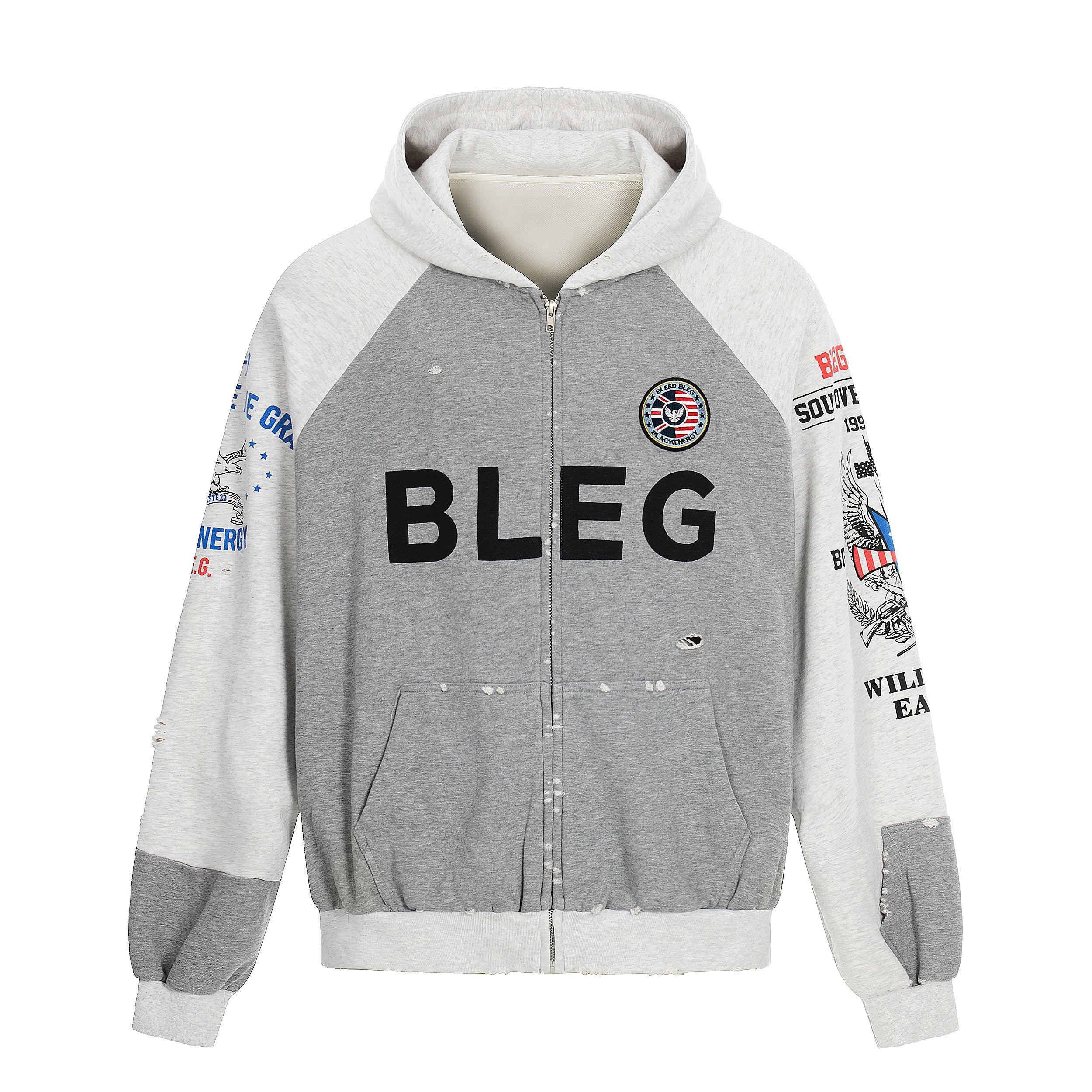 BLEG Graphic Zip-Up Hoodie | Distressed Streetwear Fleece