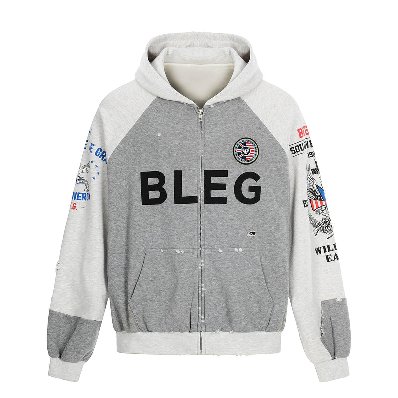 Gray and white zip-up hoodie with BLEG print, graphic sleeves, and distressed details, front view