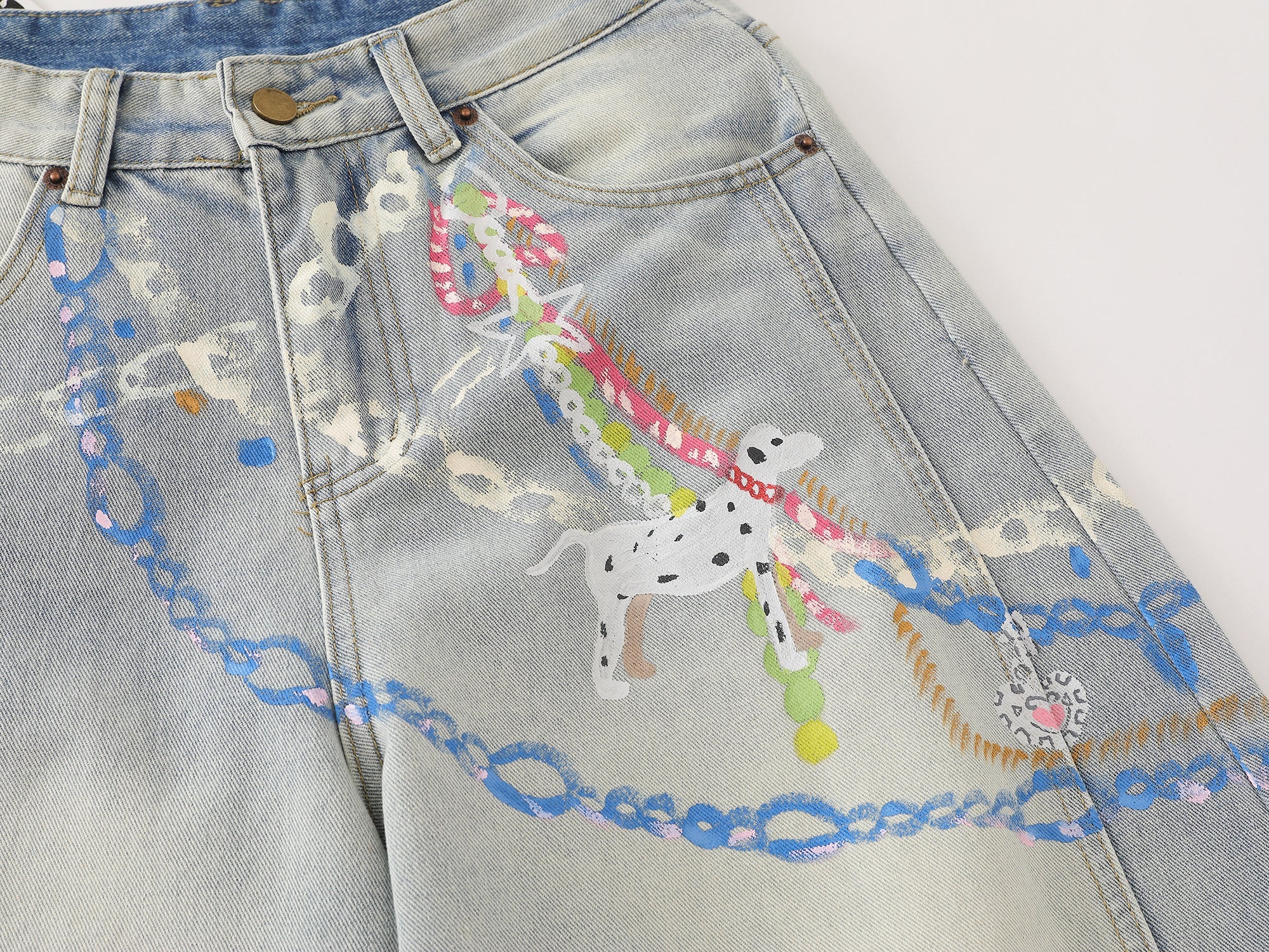 Hand-Painted Graphic Wide-Leg Denim Pants | 100% Cotton