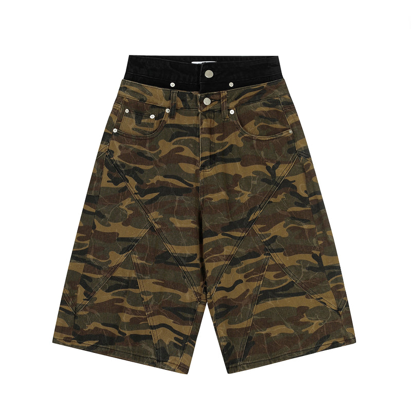 Front view of camo panel cargo shorts with black waistband and wide-leg cut
