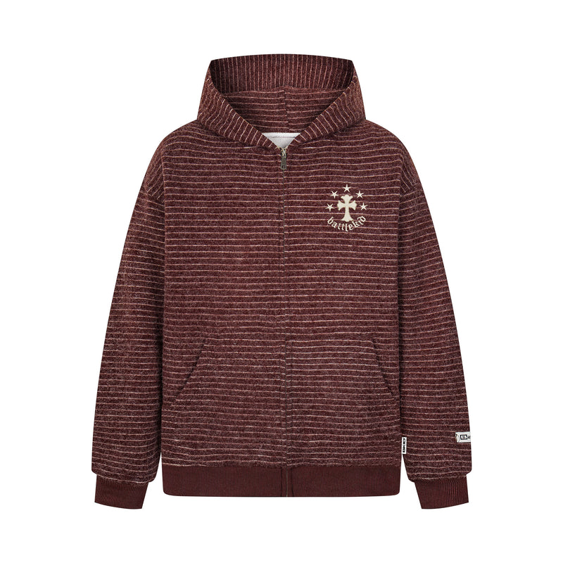 Front view of a burgundy striped knit zip hoodie with chest logo and ribbed hem