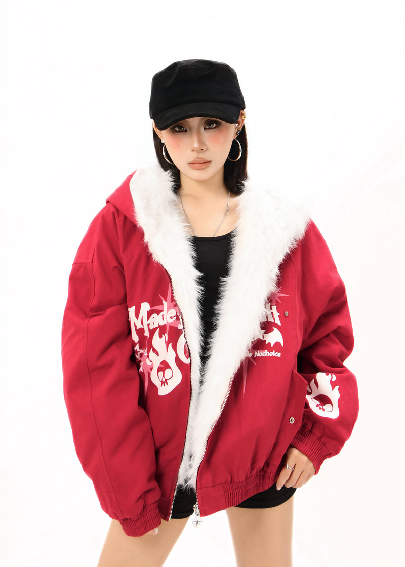 Faux Fur Collar Quilted Bomber Jacket | Streetwear Graphic
