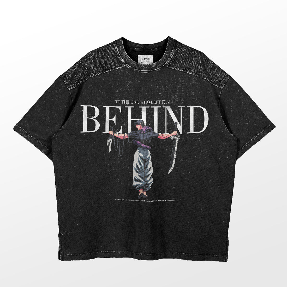 The Jujutsu Kaisen Toji Fushiguro Vintage Graphic T-Shirt in black features a design of a person with two swords. &quot;BEHIND&quot; is printed in large text above, with &quot;To the one who left it all&quot; below. This oversized streetwear tee from Jujutsu Kaisen has a speckled texture for extra style.