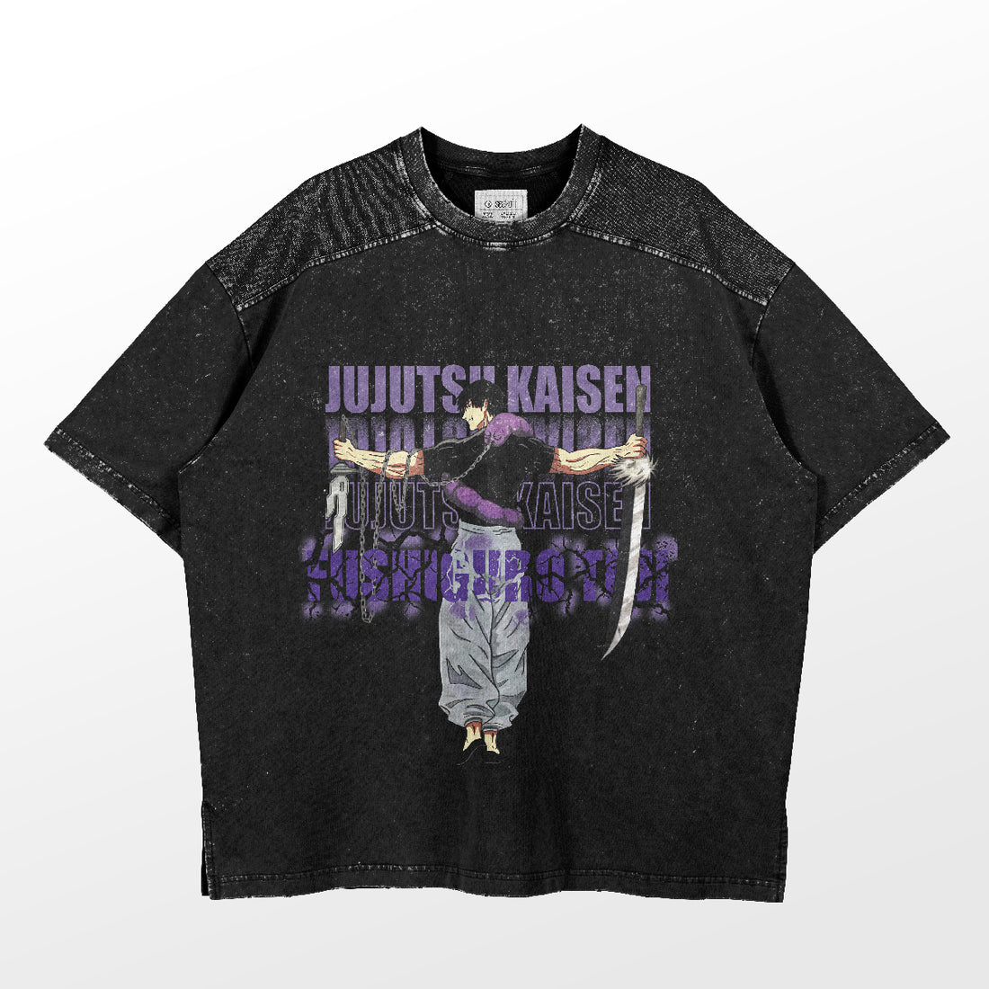 Introducing the Fushiguro Toji Purple and Black Jujutsu Kaisen T-Shirt by Jujutsu Kaisen: a stylish anime tee with a textured pattern and striking purple and gray text, featuring Toji in a dynamic pose with extended arms, dark pants, and a purple top.