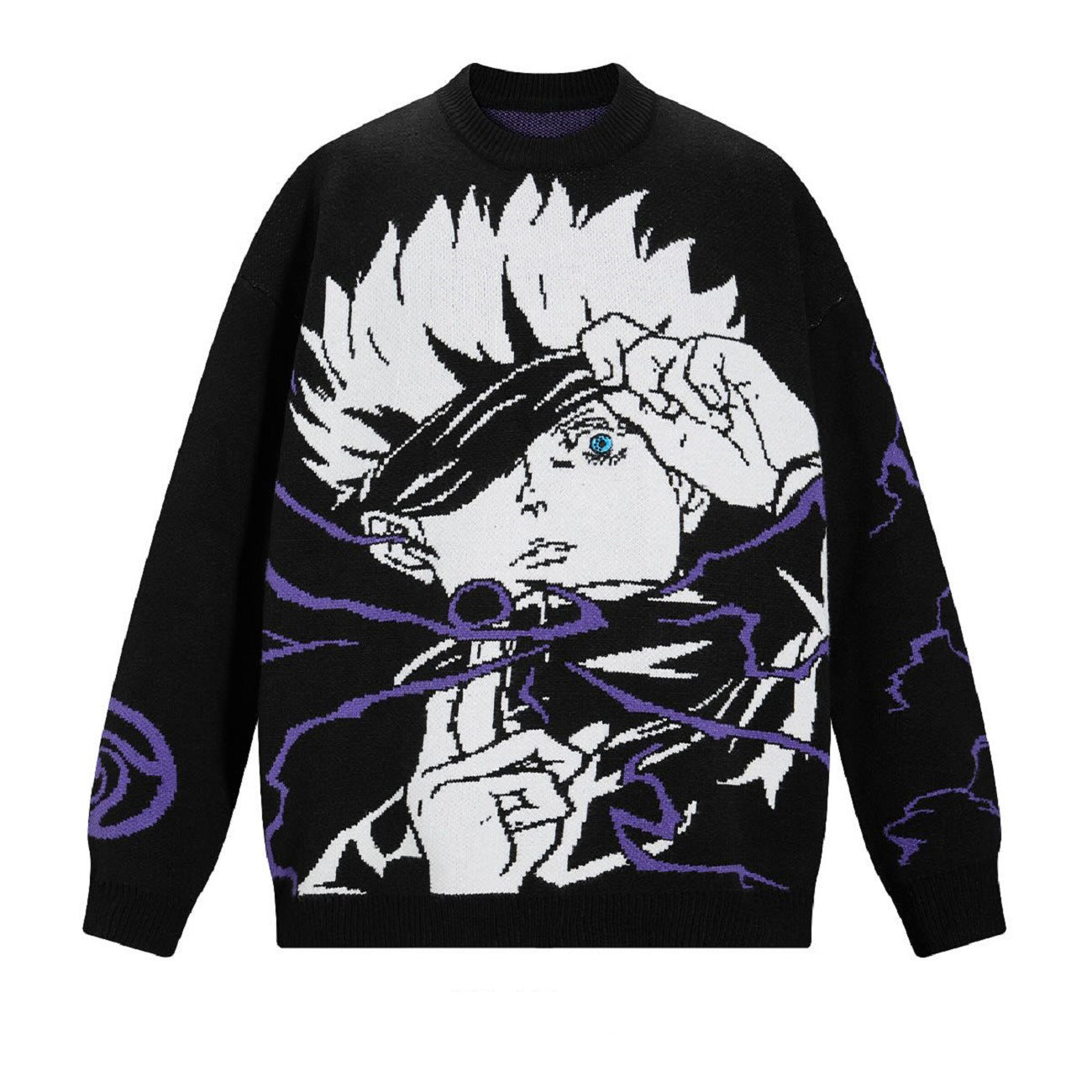 This Jujutsu Kaisen Premium Knit Sweater features a Satoru Gojo Infinite Void Jacquard Design, highlighting his spiky hair and distinct expression in white and purple tones. It has long sleeves and a round neckline.