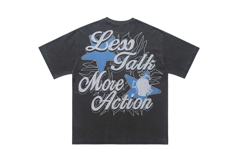 Black vintage washed graphic T-shirt with large blue star and distressed Walk the Talk slogan on the back