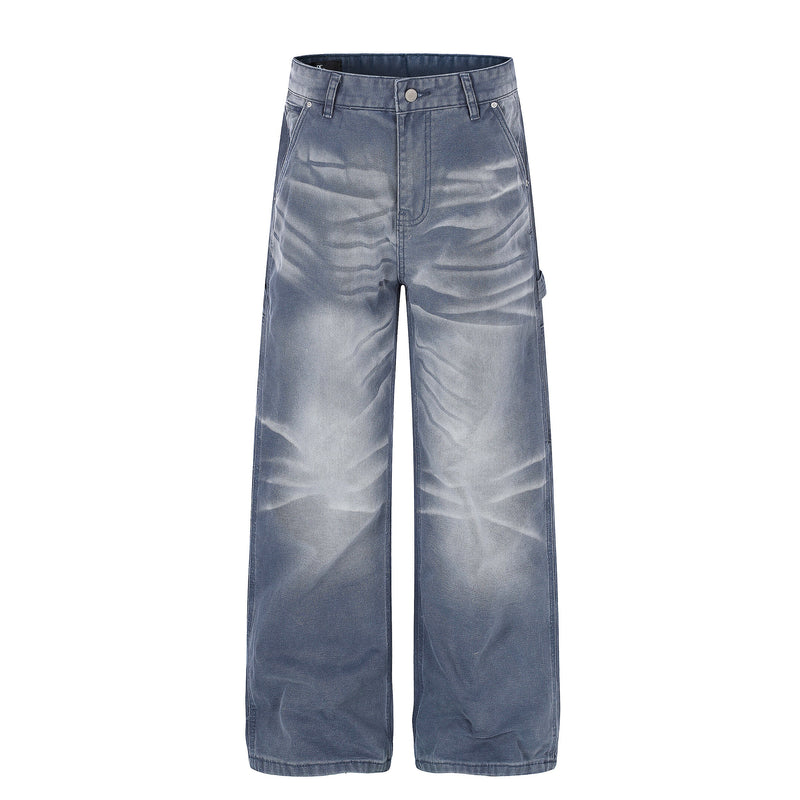 Front view of blue wide-leg denim jeans with washed wrinkle effect and side cargo pocket