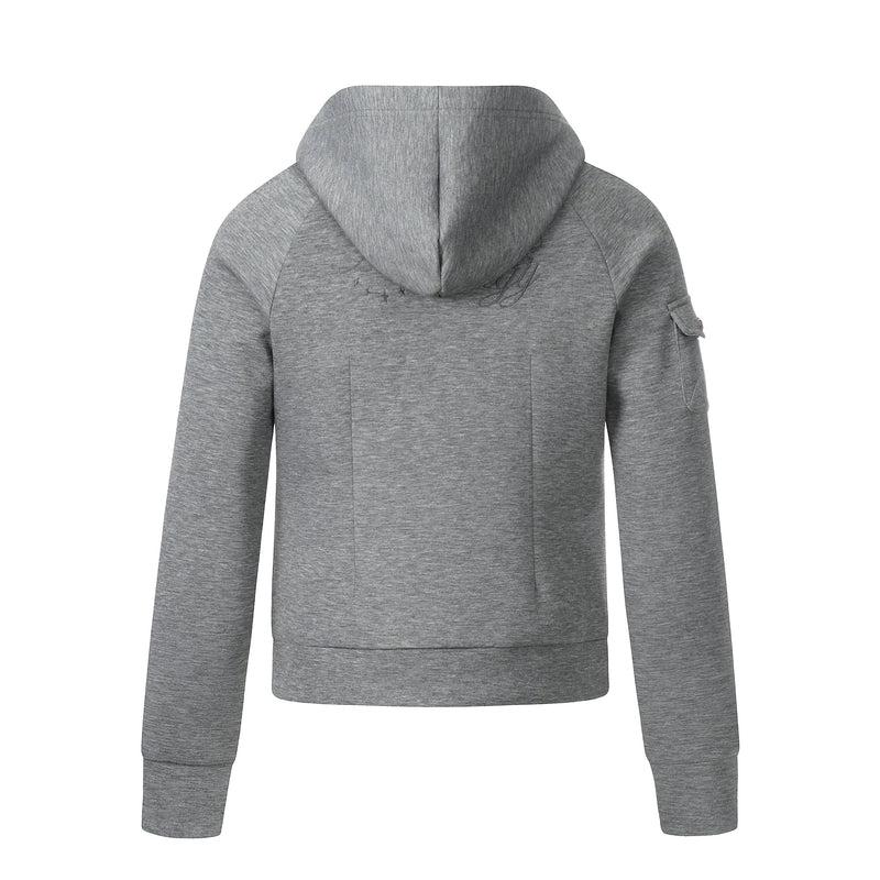 Grey hoodie back view with hood up and zip details