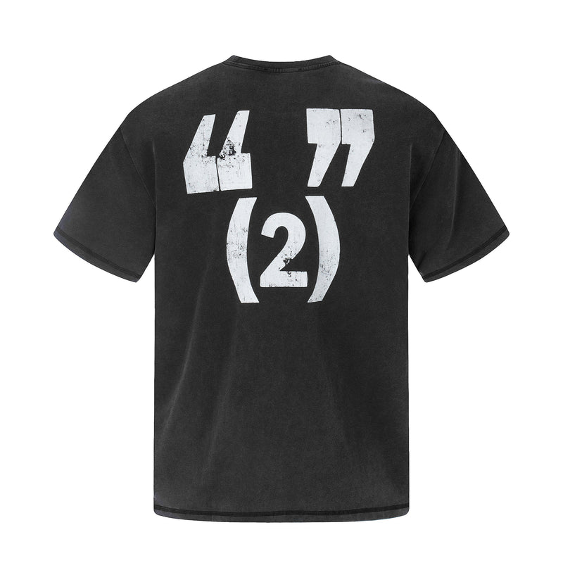 Black vintage washed graphic tee with distressed white 44, 77 and (2) print on the back