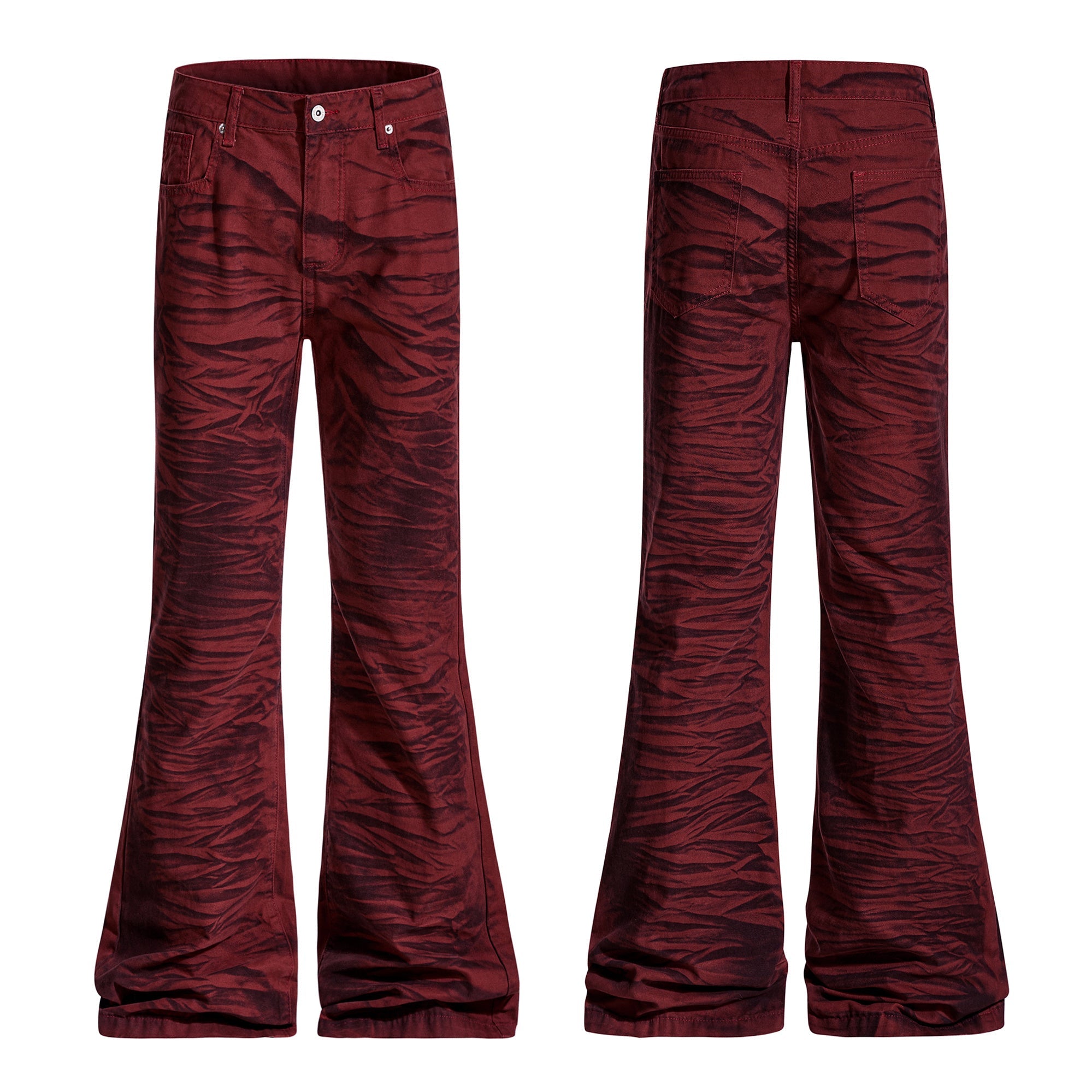 Front and back view of crimson red tiger-print flared pants with wide bell-bottom leg opening