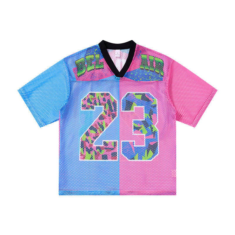 Omirad Hammers 23 split-color pink and blue mesh jersey T-shirt with graphic number 23 print on white background