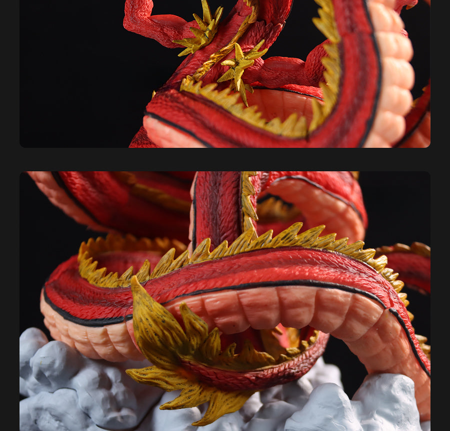 The Red Shenron Collectible Figure by Seakoff is a highly detailed 30cm Dragon Ball Z statue. It features red and yellow-scaled skin and is dynamically posed, coiling over gray rocky formations with intricate textures reminiscent of the show&