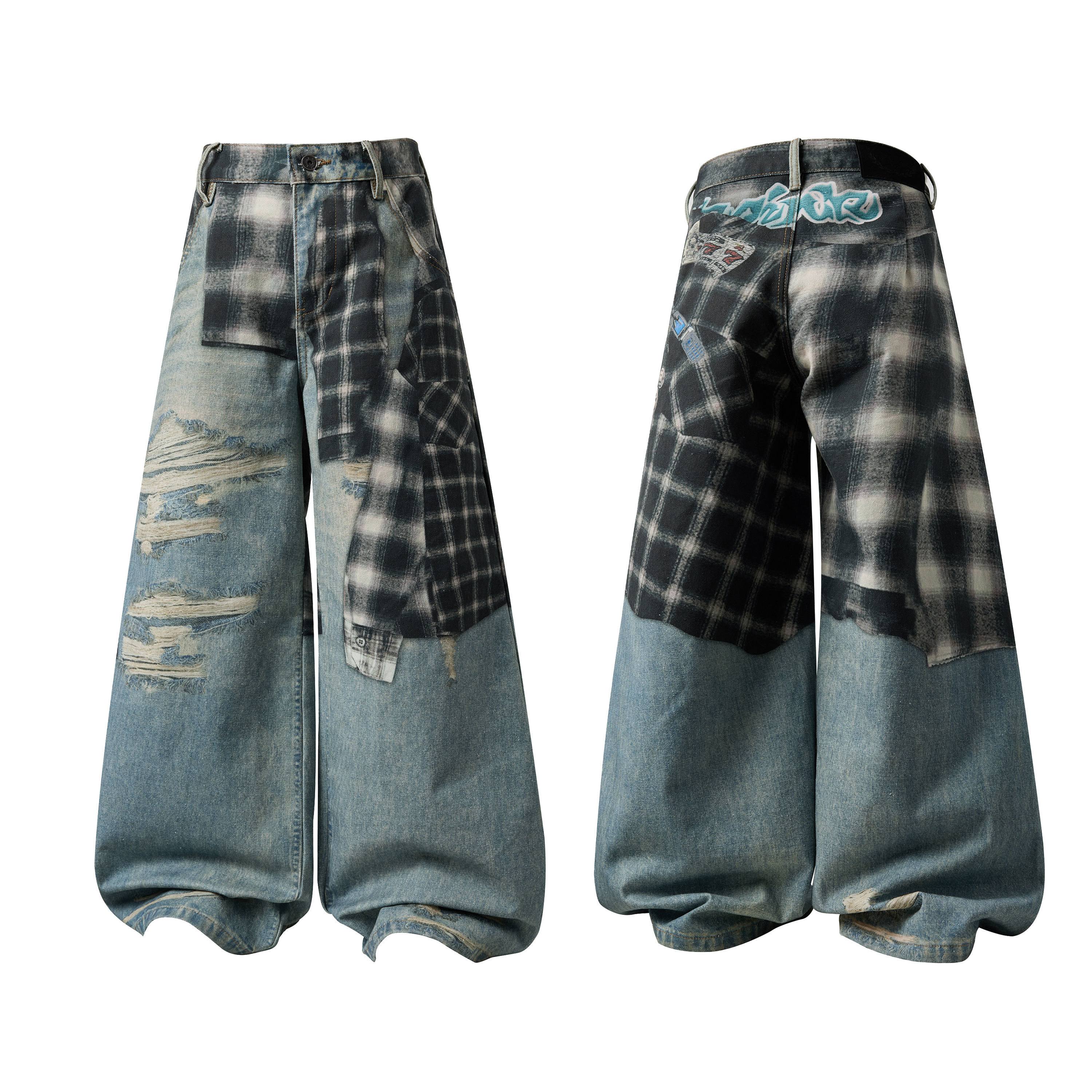 Front and back view of distressed wide-leg balloon jeans with attached black plaid flannel patchwork wrap, faded blue denim