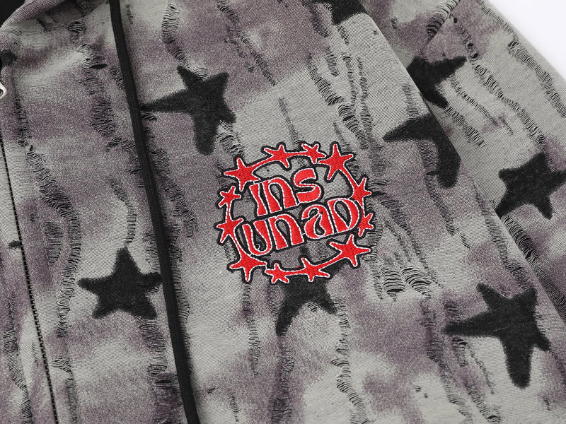 Omirad All-Over Star Print Washed Zip Hoodie | Streetwear