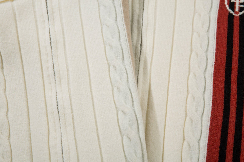 Close-up of front zipper and cable-knit texture on cream jacket body