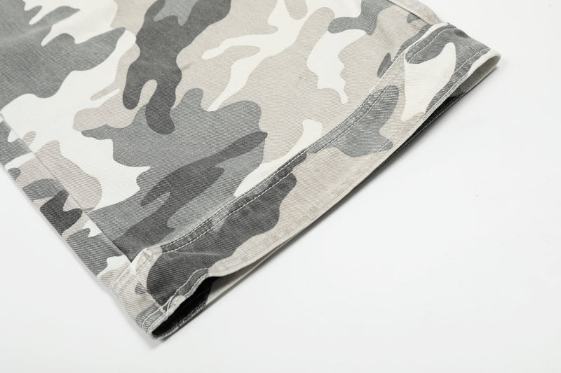 Close-up of the hem on gray and white camouflage cargo pants