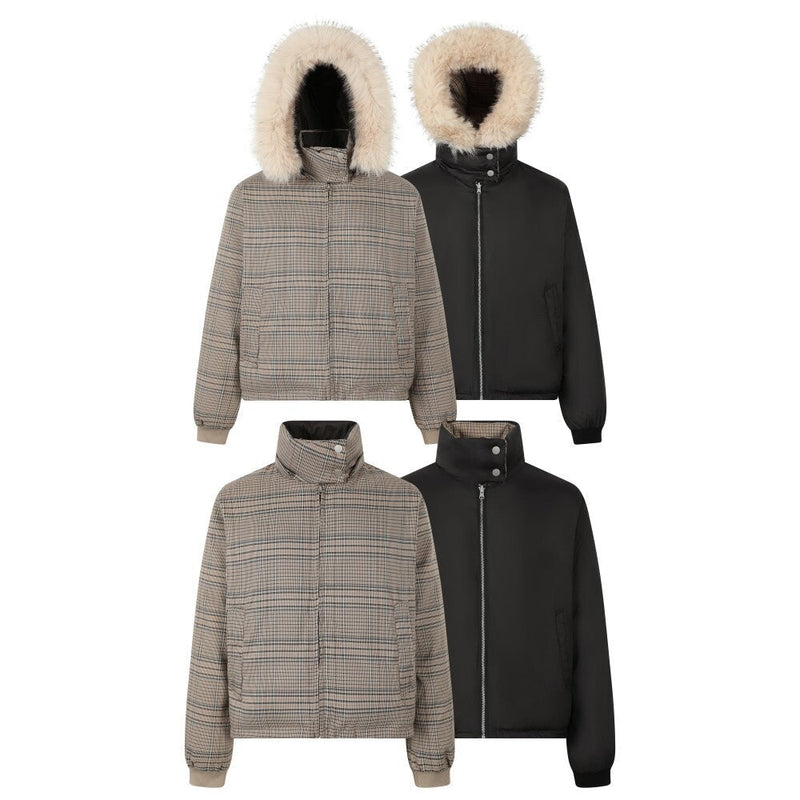 Reversible Plaid Faux Fur Hooded Puffer Jacket | SEAKOFF