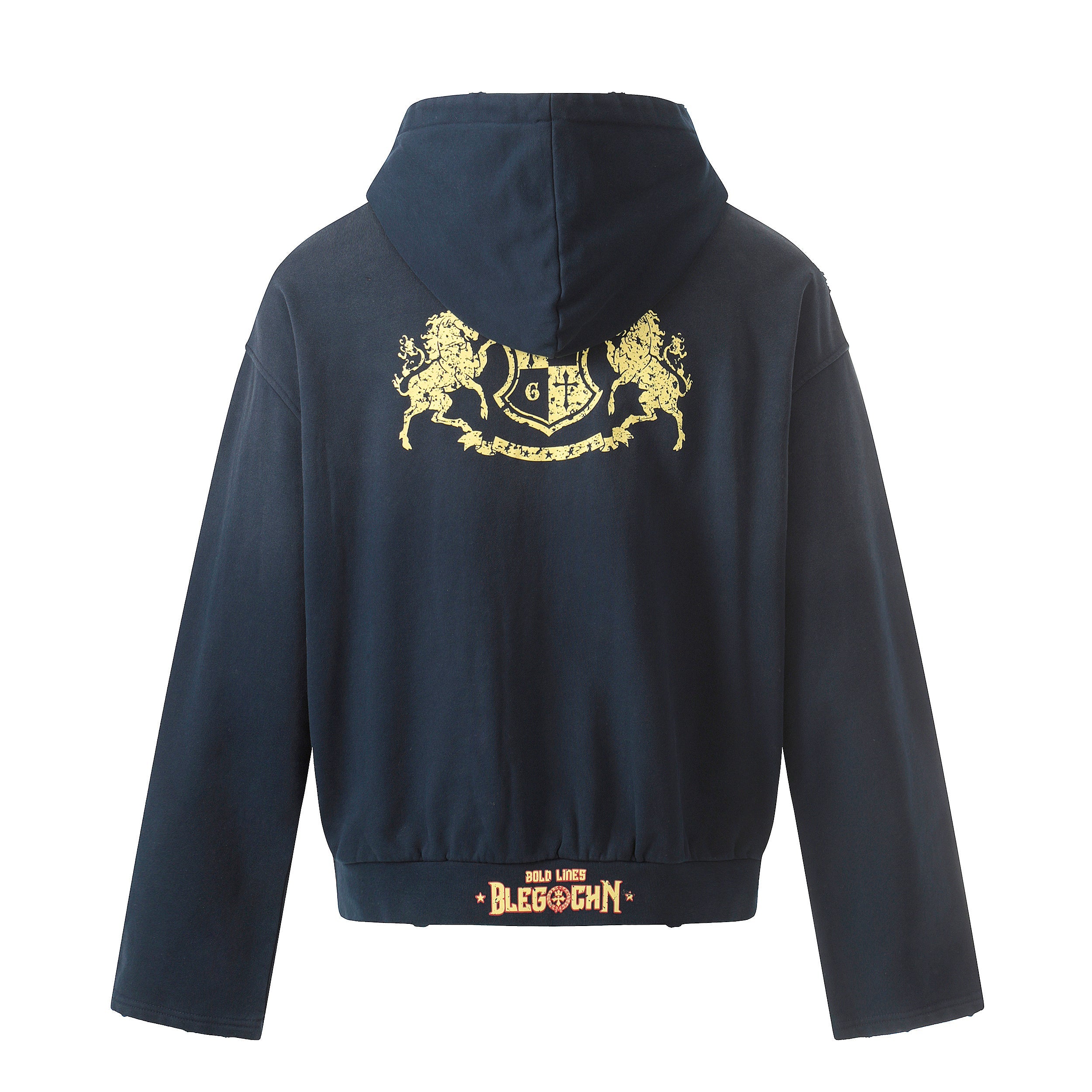 Distressed Crest Zip-Up Hoodie | Navy Gold Graphic Streetwear
