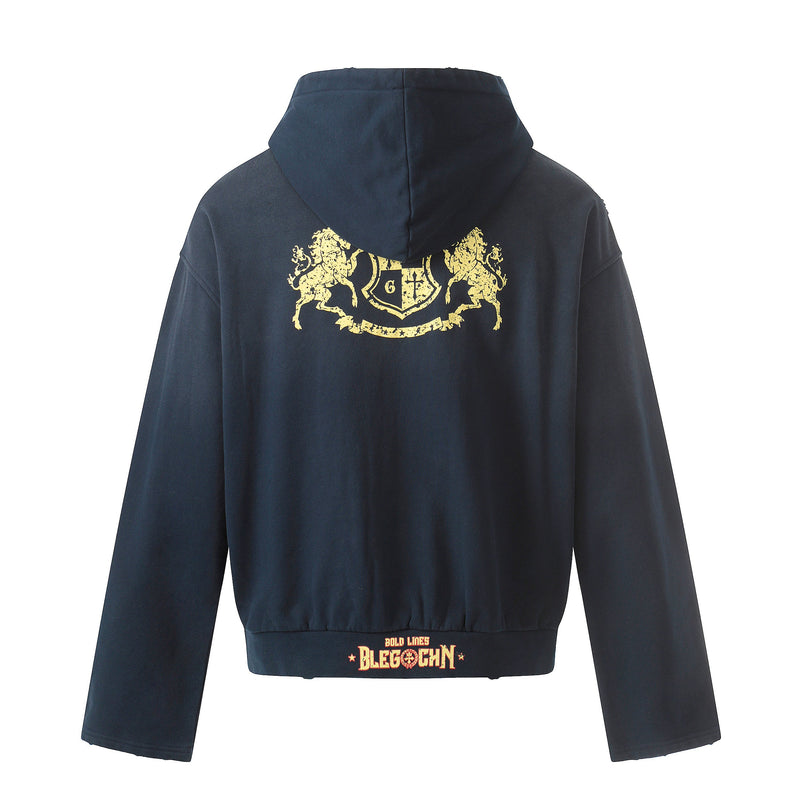 Back view of navy hooded hoodie with large distressed gold crest graphic