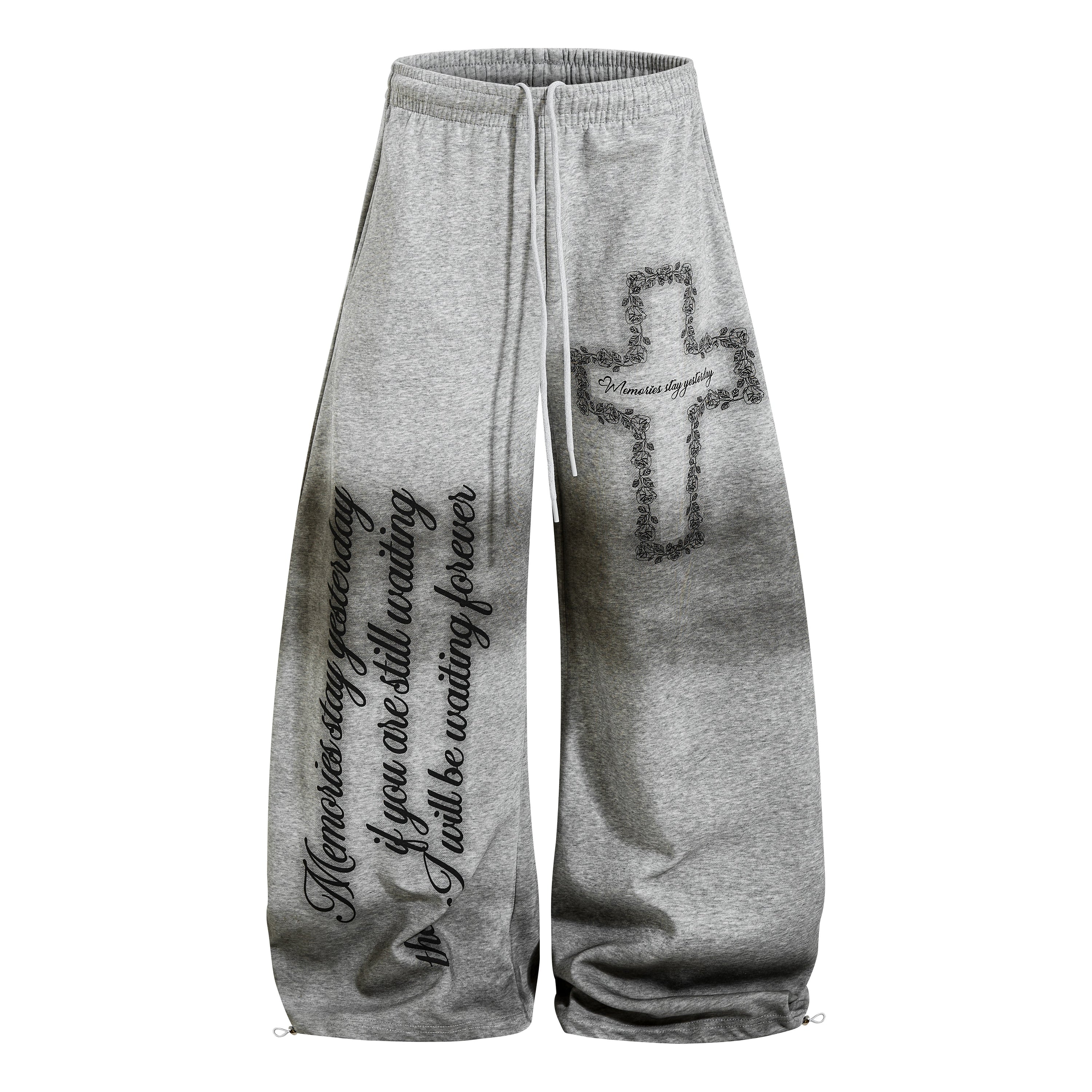 Gothic Cross Script Wide-Leg Sweatpants | Streetwear Joggers