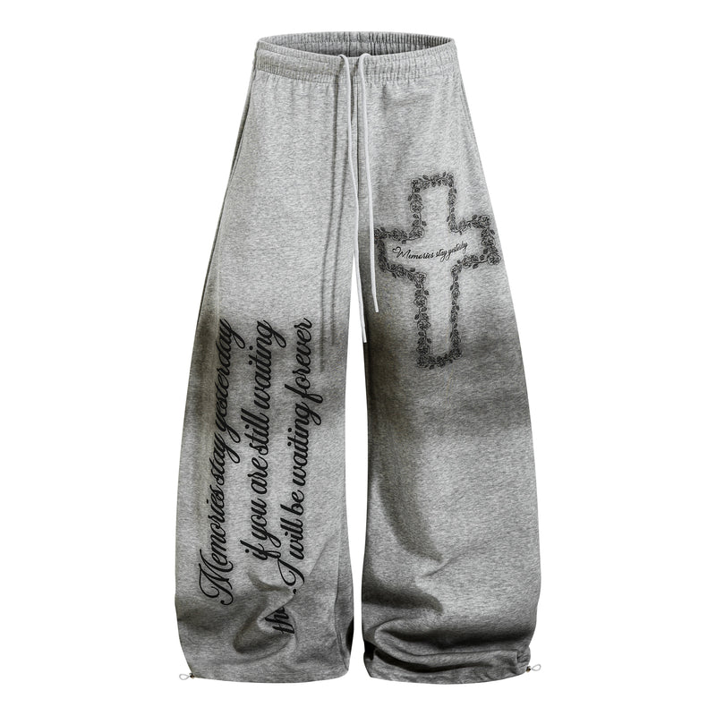 Gothic Cross Script Wide-Leg Sweatpants | Streetwear Joggers