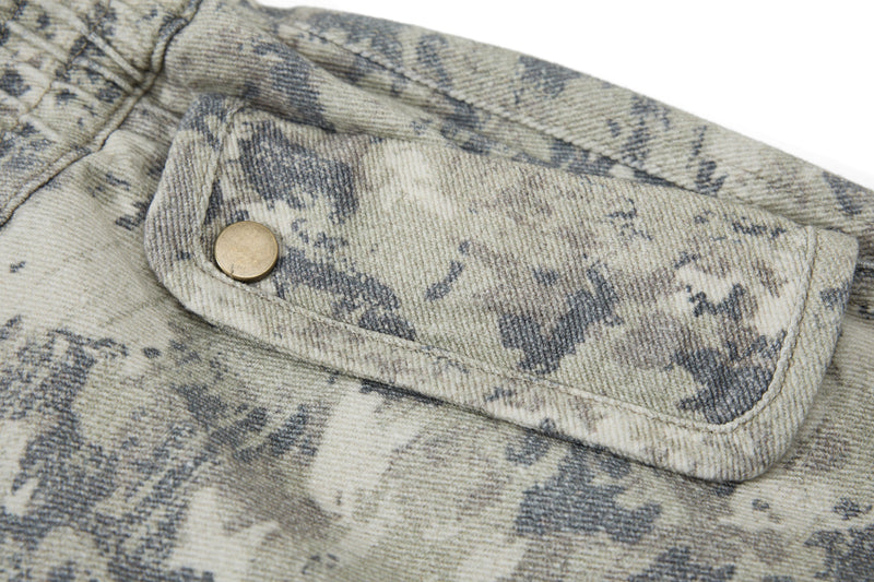Close-up of flap cargo pocket with button snap on camouflage pants