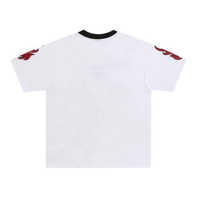 White gothic football jersey T-shirt with black crew neck and red flame graphics on the sleeves